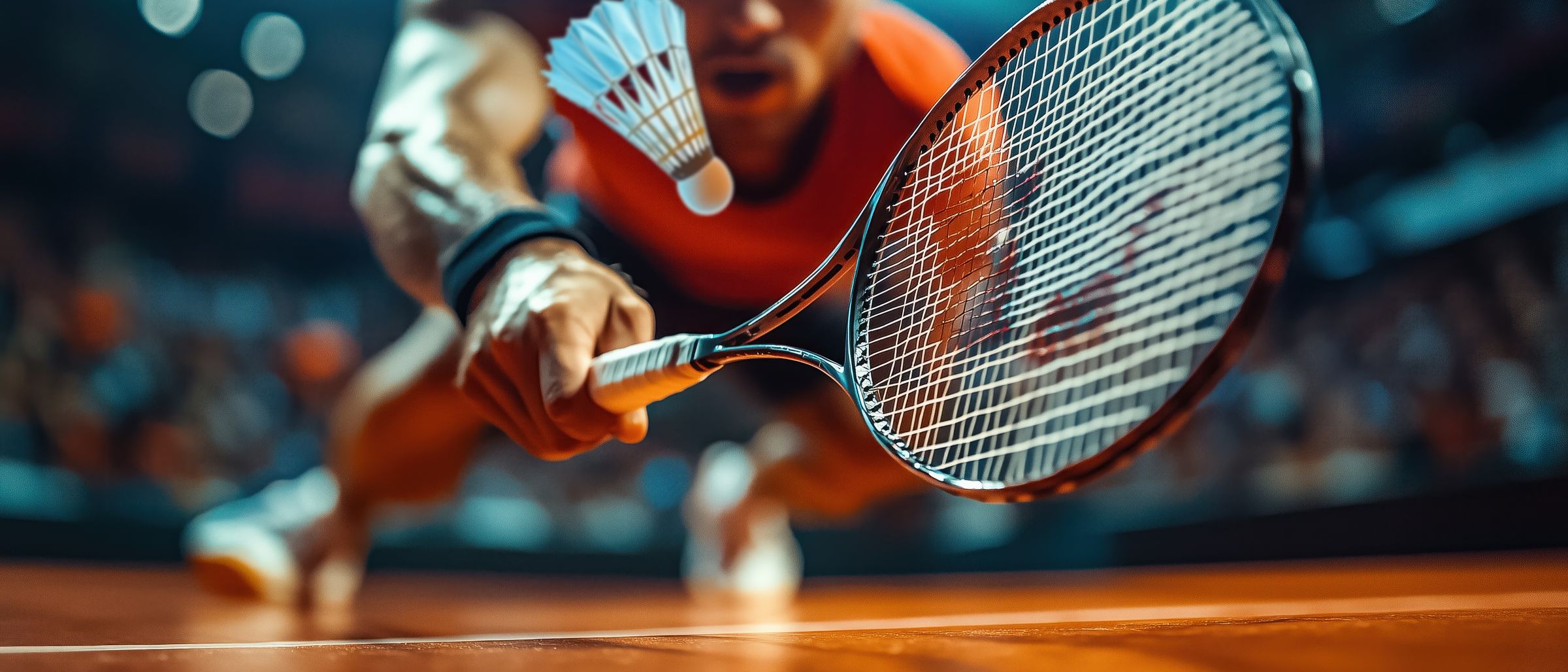 A badminton player at full stretch